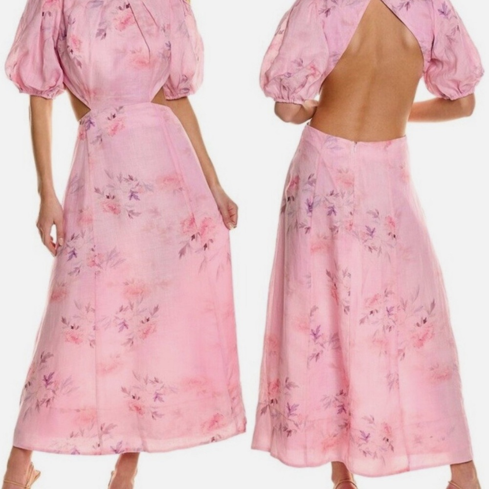 Bardot Pink Ruched Maxi Dress with Puff Sleeves Sz 4